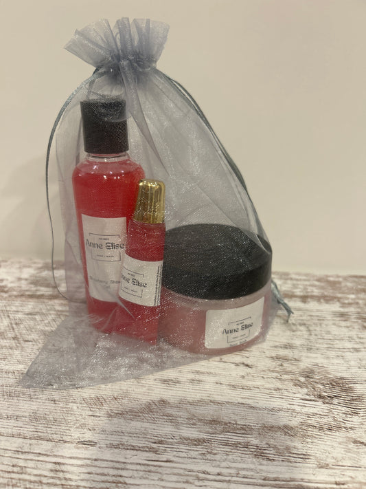 Gift bag- Strawberry shower gel, Sugar Scrub, & peppermint lip gloss packaged in a silver organza bag